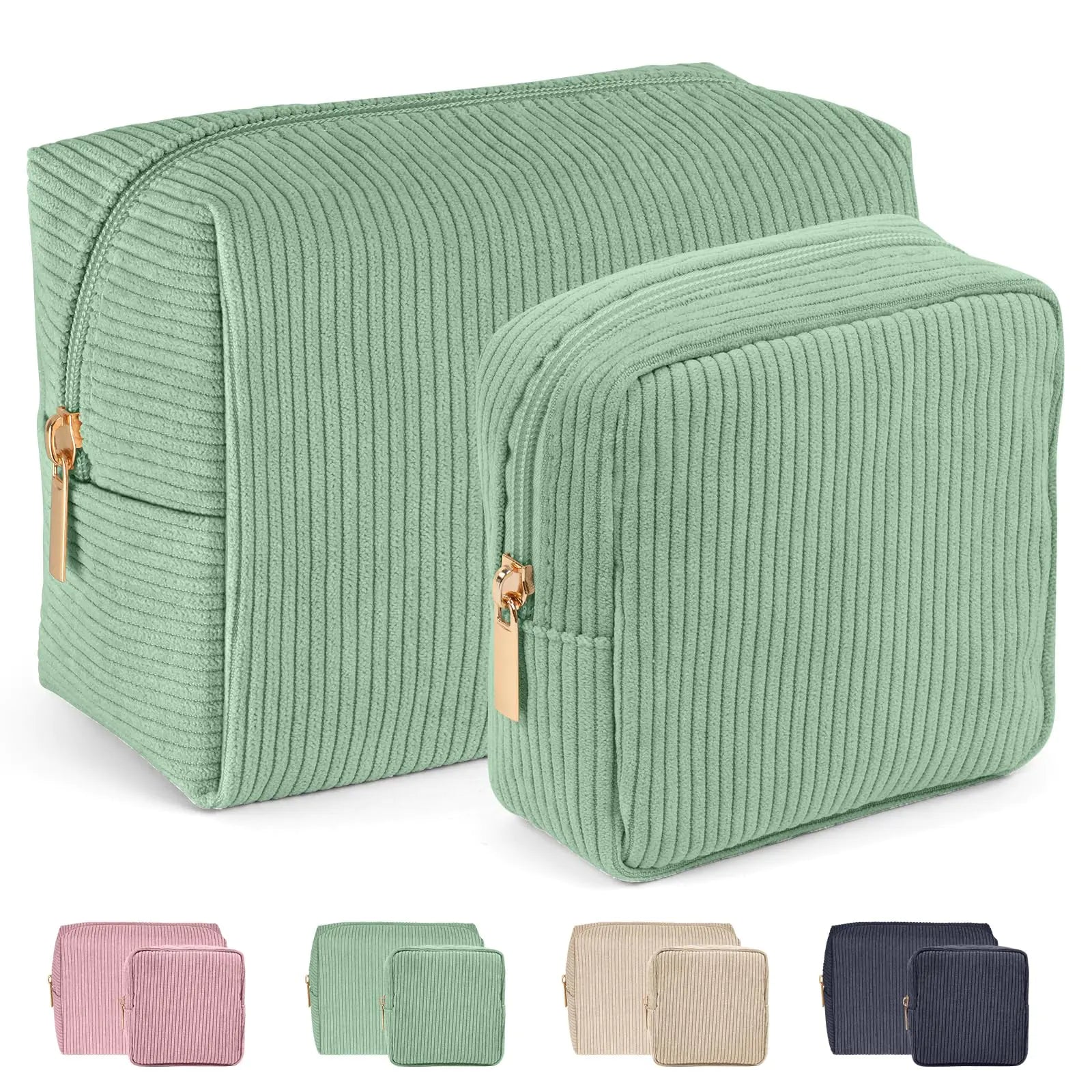 MAGEFY Makeup Bag 2 Pcs Corduroy Cosmetic Bag Small Makeup Bags for Women Travel Pouch with Slip-in Pockets（Green）