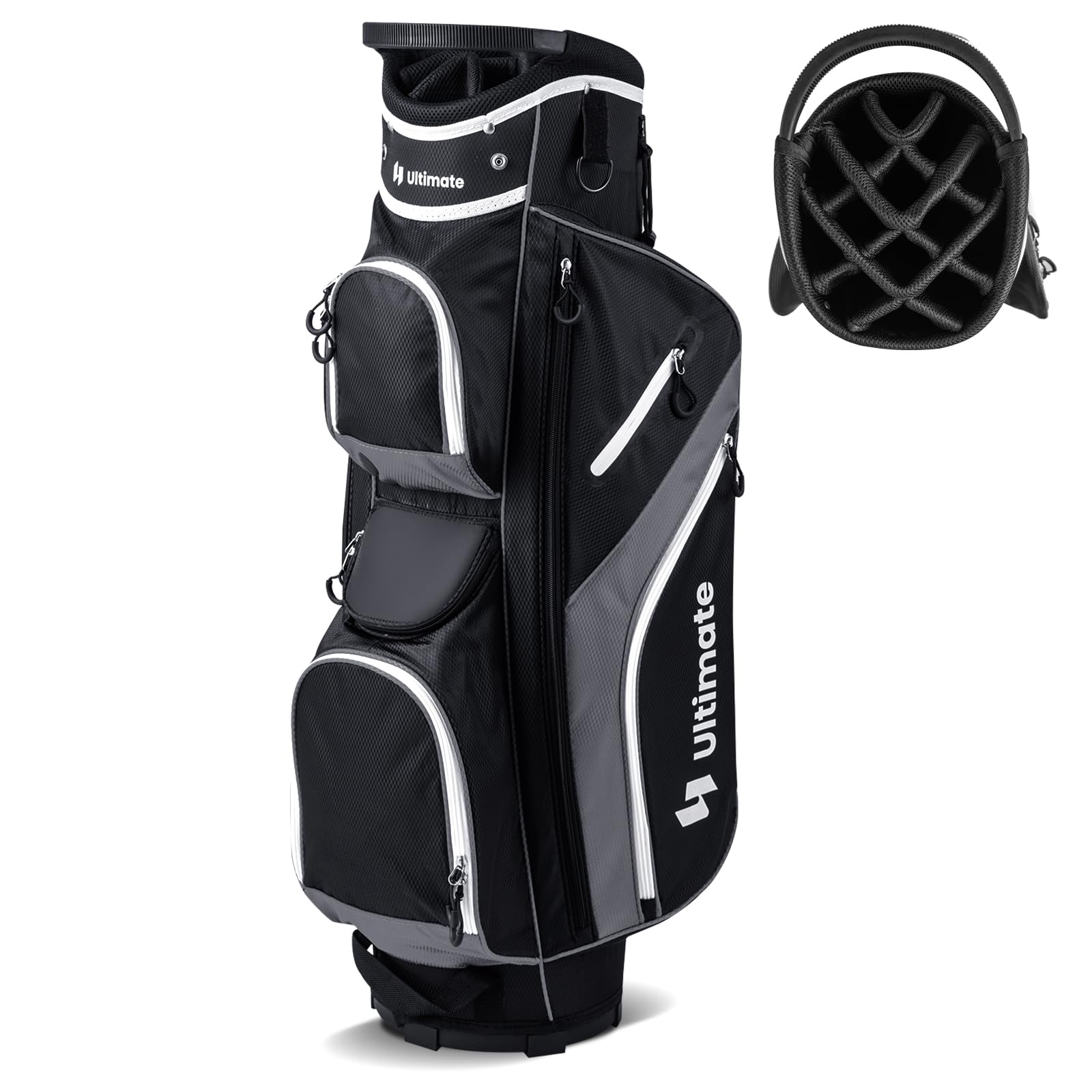 Goplus Golf Cart Bag with 14-Way Top Dividers Golf Cart Bag Golf Club Bag with 9 Zippered Pockets Cooler Bag Rain Hood Shoulder Strap Carry Handle Lightweight Golf Bag for Men Women (Black+Gray)