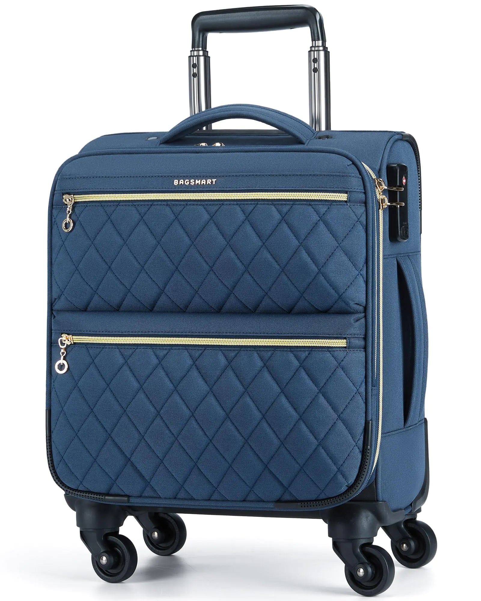BAGSMART Underseater Carry On Luggage Airline Approved with Spinner Wheels 16 Inch Luggage with TSA Lock Overnight Rolling Softside Suitcases for Women Navy Blue