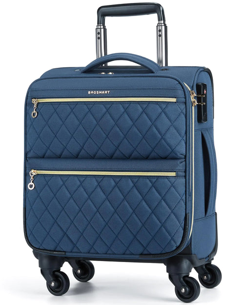 BAGSMART Underseater Carry On Luggage Airline Approved with Spinner Wheels 16 Inch Luggage with TSA Lock Overnight Rolling Softside Suitcases for Women Navy Blue