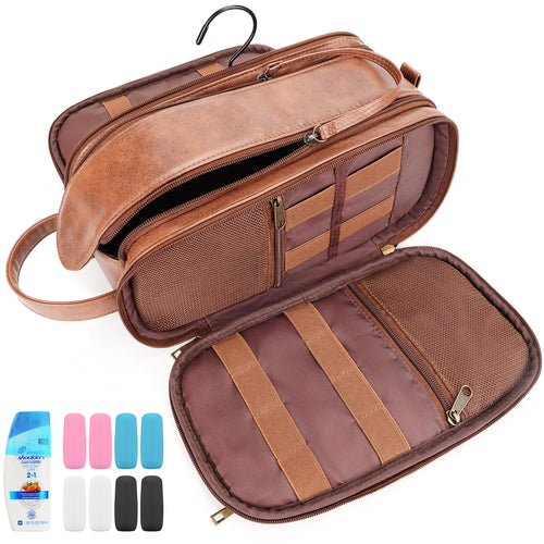 COOSKY Travel Toiletry Bag for Men Large Hanging Toiletries Organizer Bags Cruise Ship Essentials Water-resistant Shaving Case PU Leather Makeup Accessories Cosmetic Dopp Kit Brown