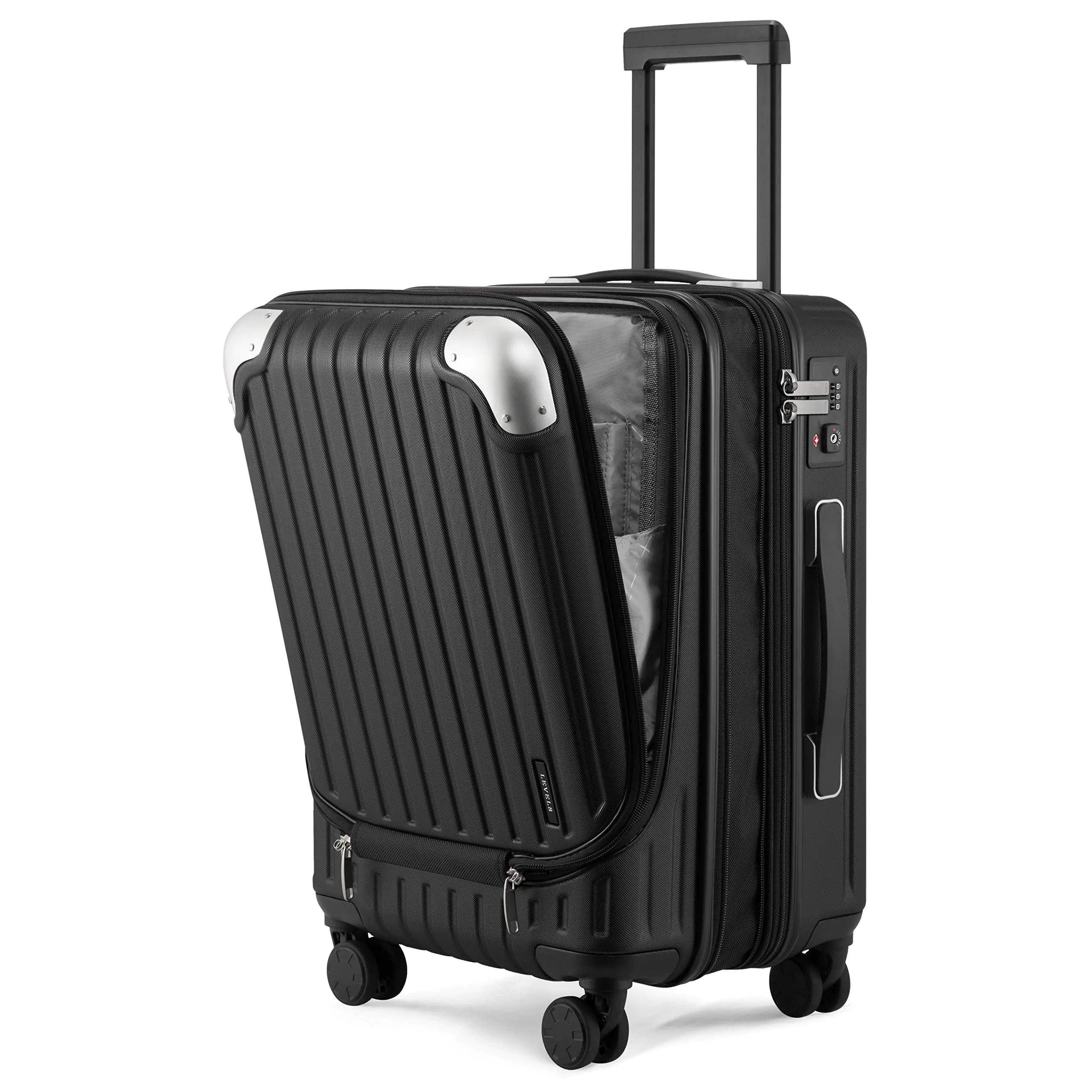 LEVEL8 Grace Hardside Carry On Luggage with Front Compartment 20 Inch Expandable Suitcases with Wheels Lightweight Carry On Suitcase for Airplane Tsa Lock Approved Black 20-Inch