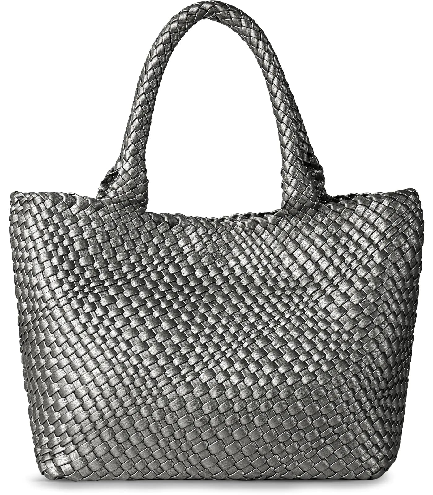 Woven Tote Bag for Women Fashion Top Handle Shoulder Bag Soft Vegan Leather Shopper Bag Large Travel Sliver Bag With Little Zippered Pouch