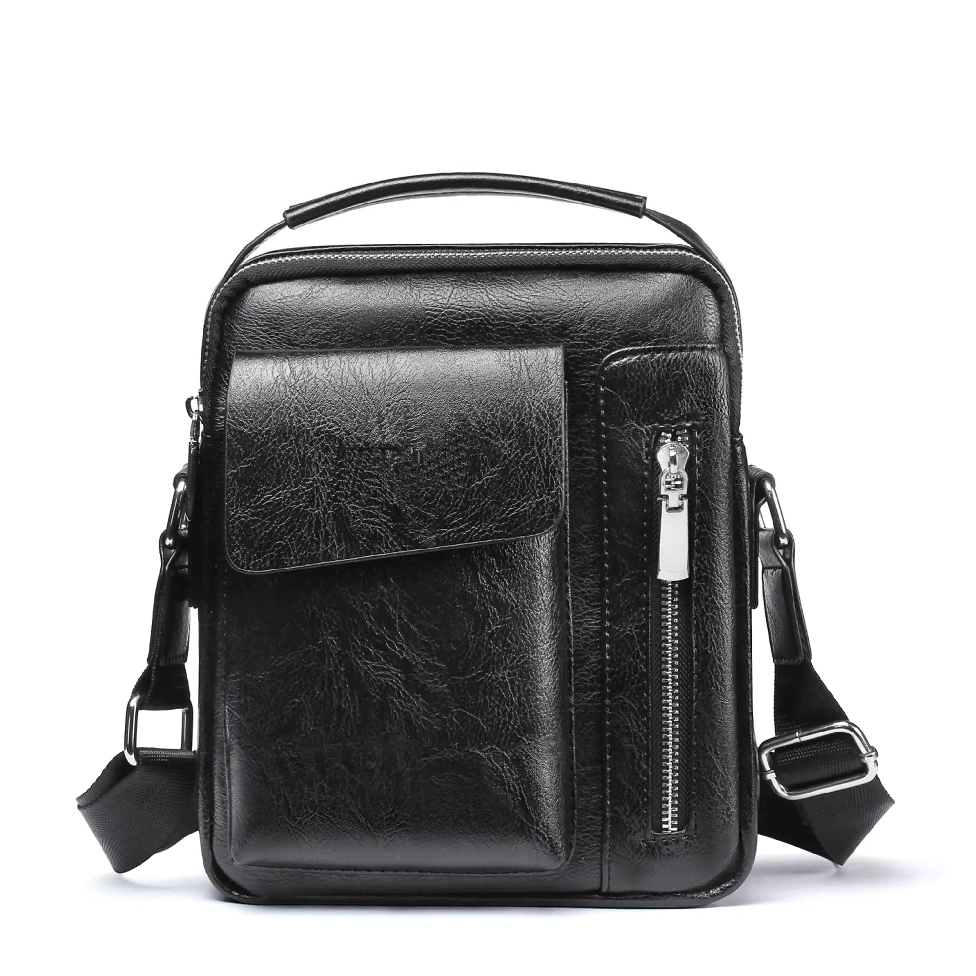 HANGMAI Leather Messenger Bags for Mens Small Crossbody Bag Shoulder Man Purse Handbag Travel for Work Business Black