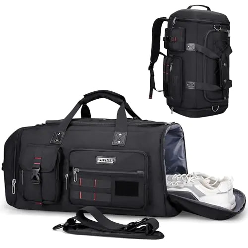 WITZMAN Travel Duffel Bags for Men Large Carry On Weekender Overnight Bag 3 in 1 Backpack with Shoe Compartment （B693 Black）